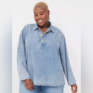 Lane Bryant|Dark Blue Denim Top with boho gold buttons,oversized boyfriend fit•